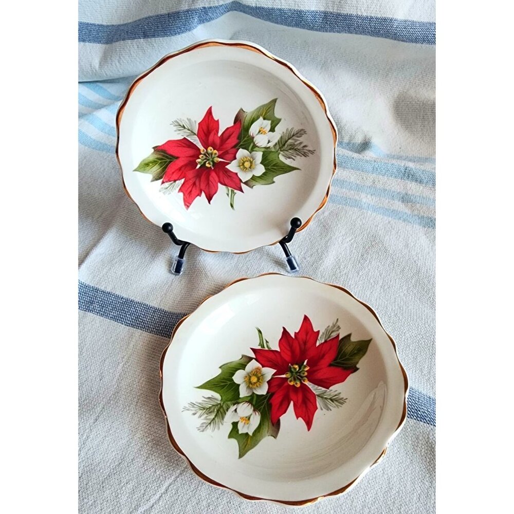 2 Regency English Bone China Plates Poinsettia Design Holiday Party Hostess Gift